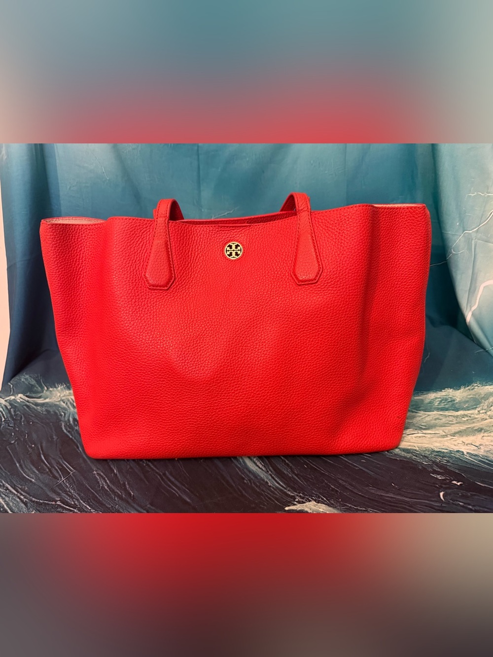 Tory Burch Red Pebbled Leather Tote with Gold Logo